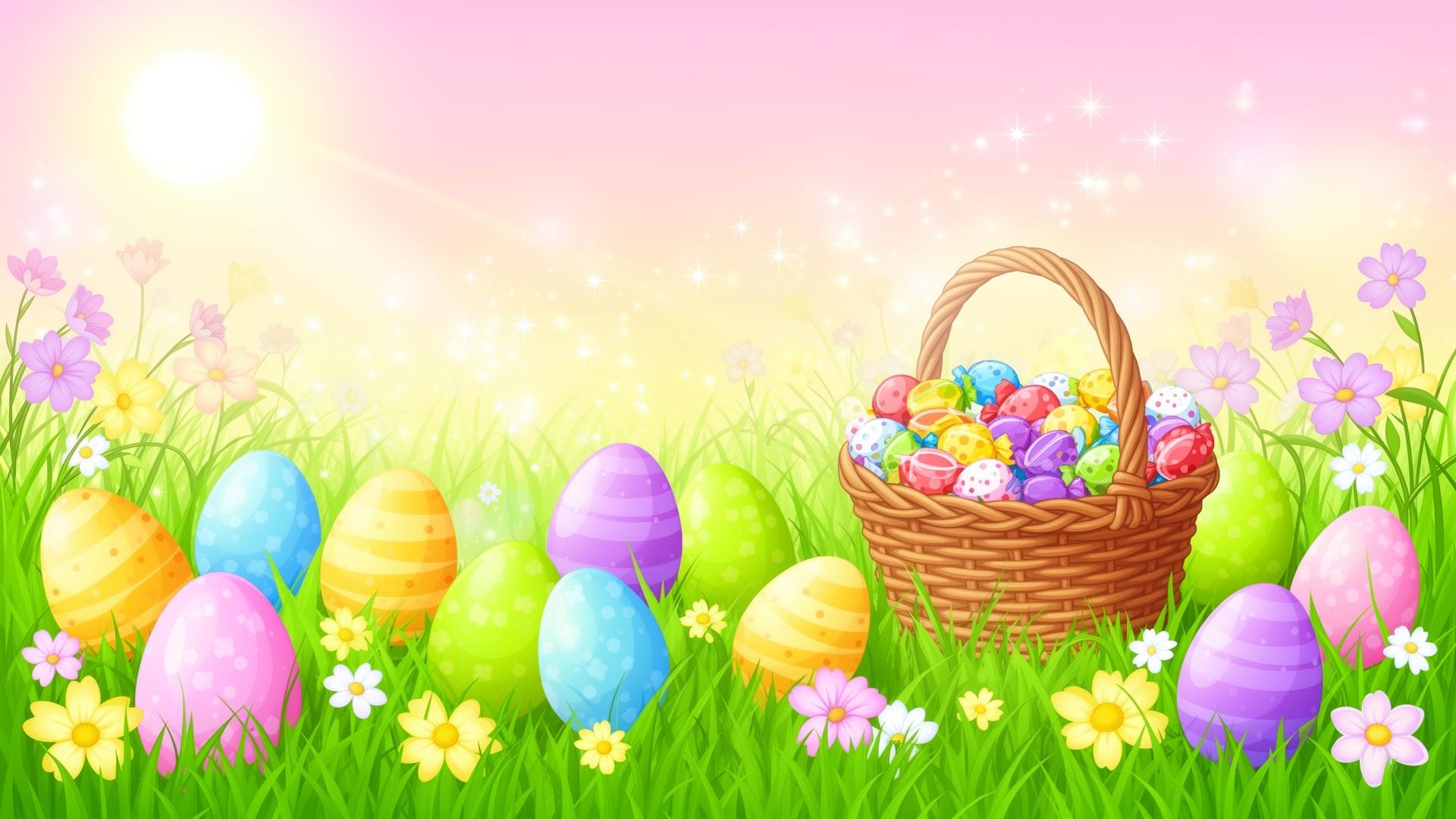 Colorful Easter eggs in spring grass